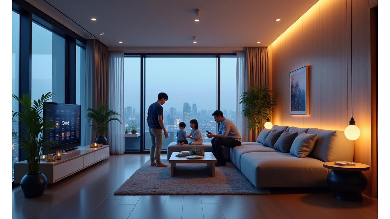 컨설팅 프로세스 플로우를 보여주는 서울 아파트의 현대적인 스마트홈 거실