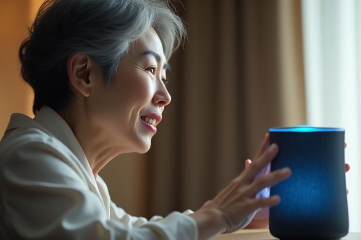 고령의 여성이 스마트 스피커에 \