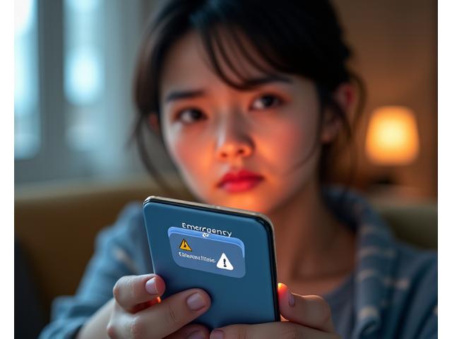 긴급 상황 알림이 뜬 스마트폰 화면, 그리고 걱정스러운 표정으로 화면을 보는 주인