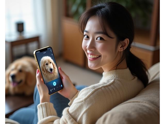 스마트폰으로 집에 있는 반려동물과 영상 통화를 하고 있는 사람의 모습